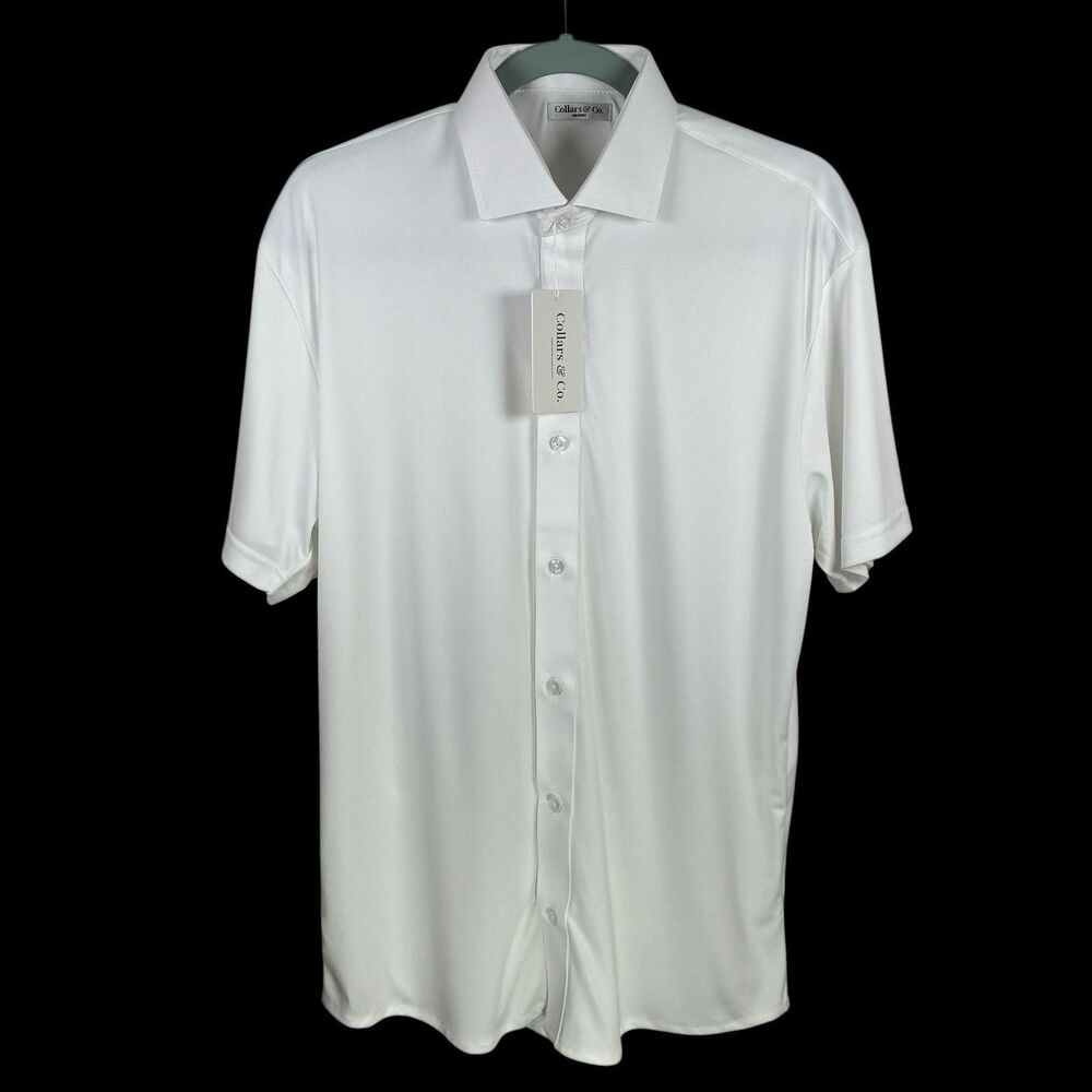 Collars & Co Polo Shirt Mens M White Button Up Quattro Flex Short Sleeve NWT